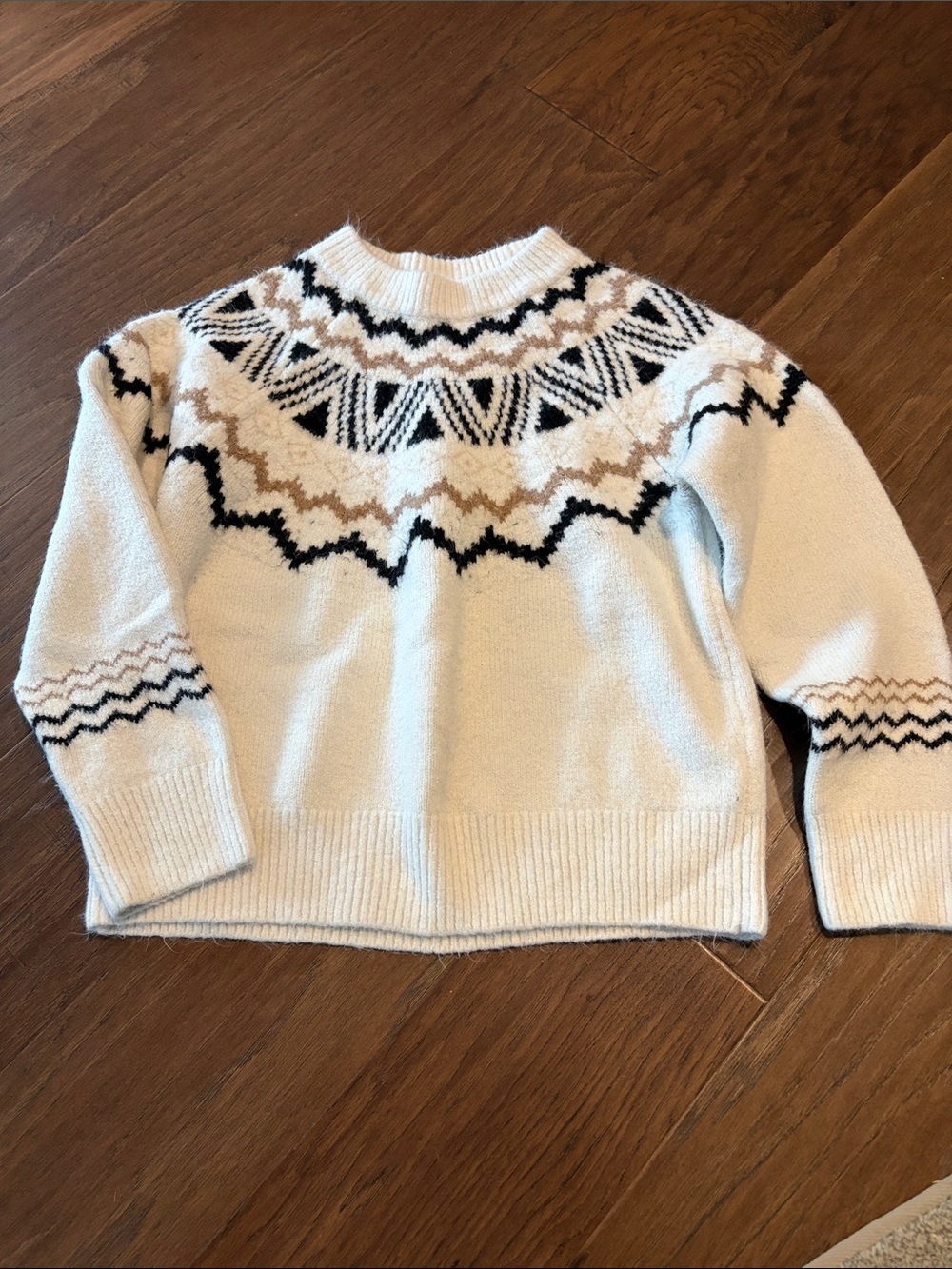 Z Supply Ivory Fair Isle Crewneck Sweater with Black and Tan Accents